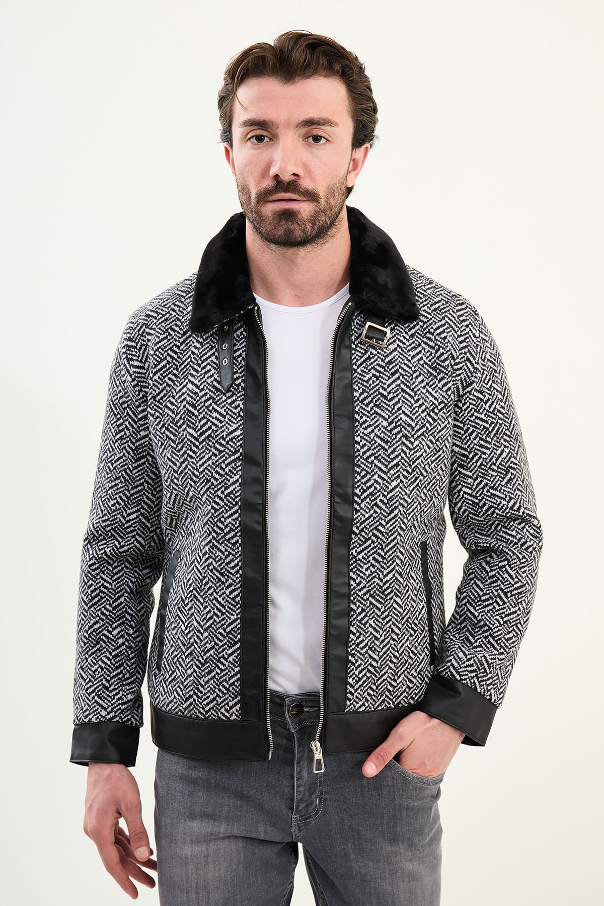 Desenli Siyah Slim Fit Kürklü Yaka Erkek Mont - Siyah