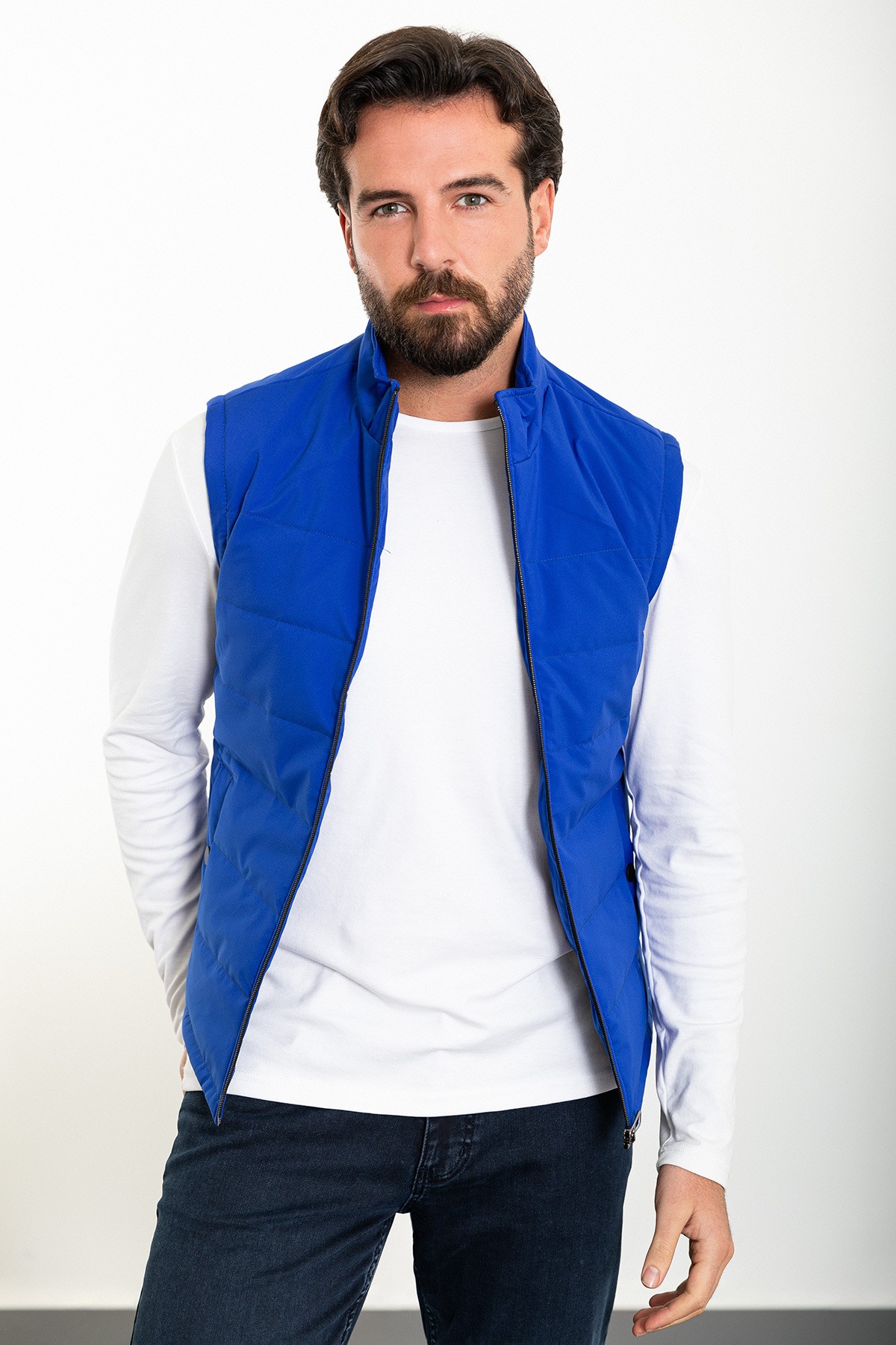 Düz Slim Fit Hakim Yaka Erkek Şişme Yelek - Saks