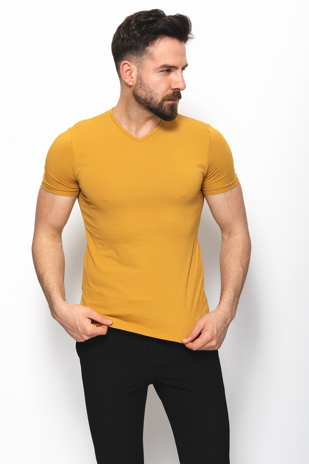 Düz Super Slim Fit V Yaka Basic Erkek T-Shirt - Hardal