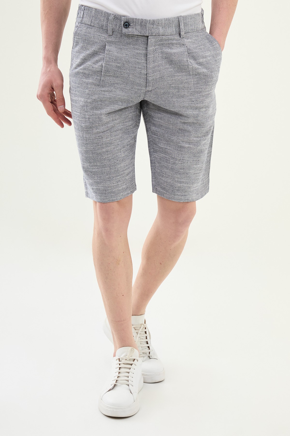 Kırçıllı Slim Fit Pileli %100 Keten Erkek Şort - Lacivert