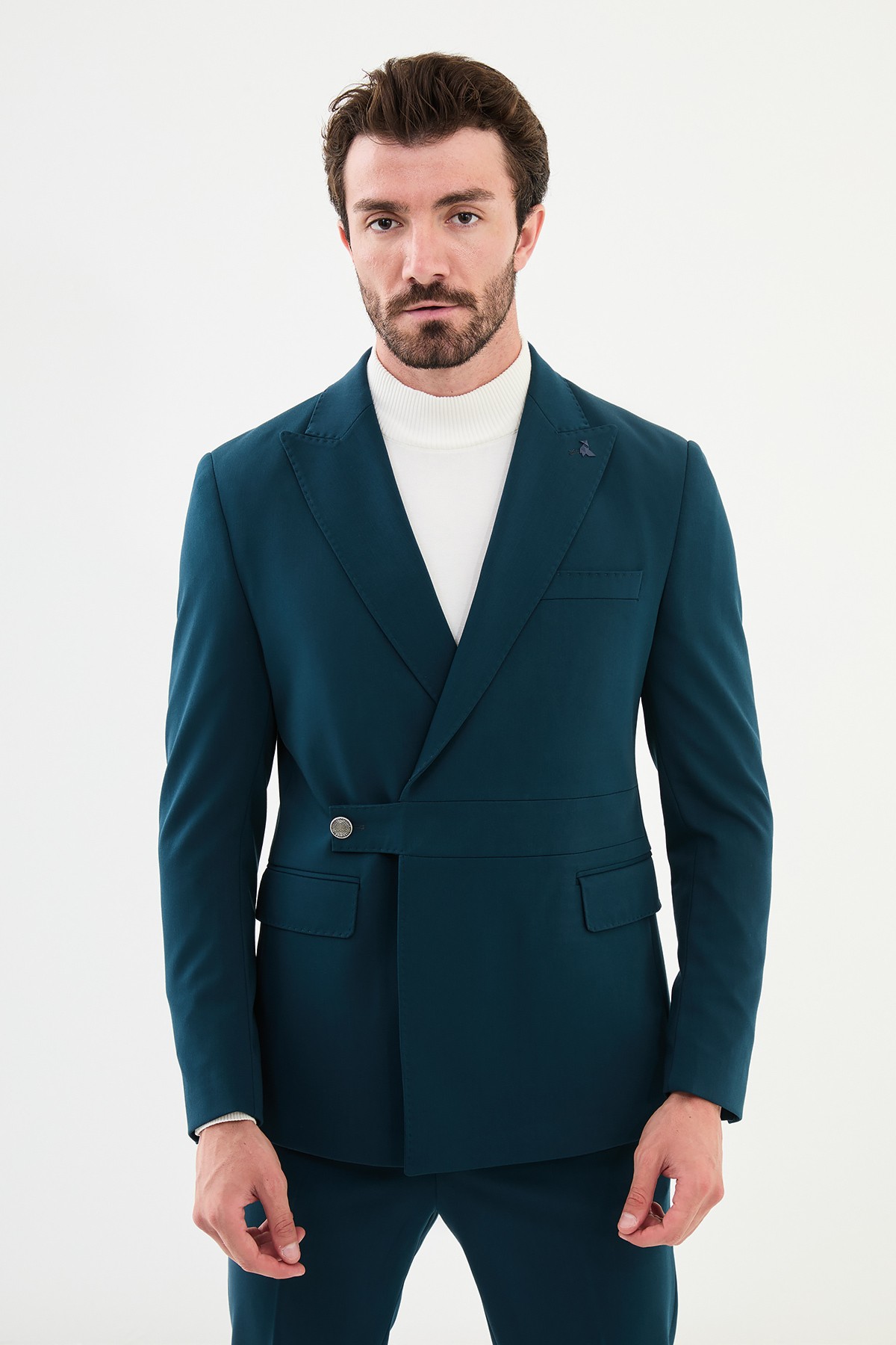 Düz Slim Fit Kemer Detaylı Geniş Yaka Kruvaze Erkek Takım Elbise
