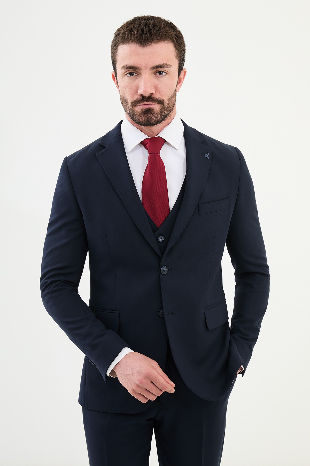 Düz Slim Fit Mono Yaka Yün Erkek Takım Elbise - Lacivert