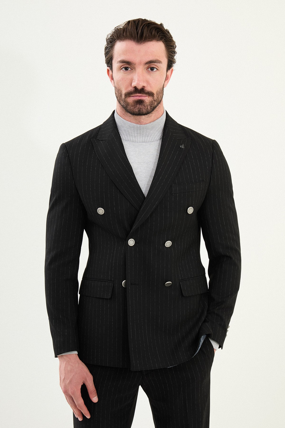 Çizgili Slim Fit Geniş Yaka Kruvaze Metal Düğmeli Erkek Takım Elbise - Siyah