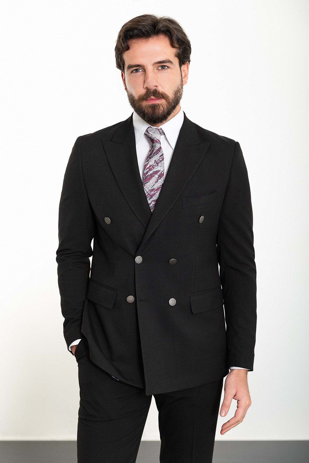 Düz Slim Fit Geniş Yaka Kruvaze Erkek Takım Elbise