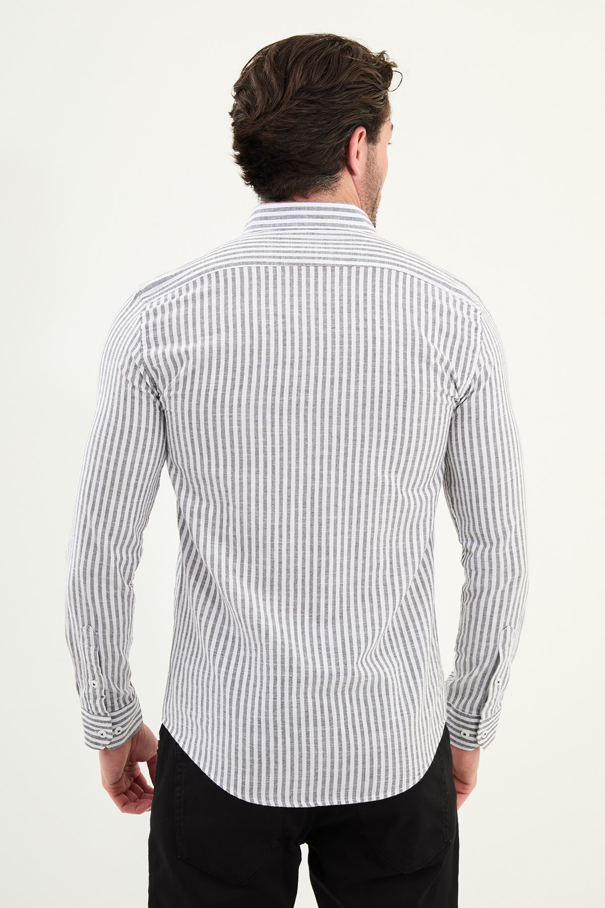 Çizgili Slim Fit Uzun Kollu Keten Erkek Gömlek