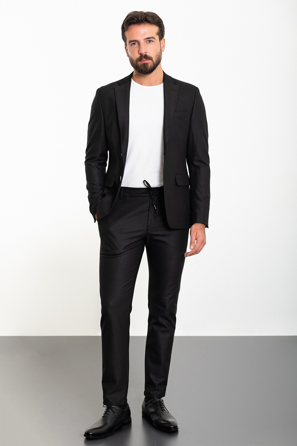 Düz Slim Fit Mono Yaka İpli Erkek Takım Elbise - Siyah