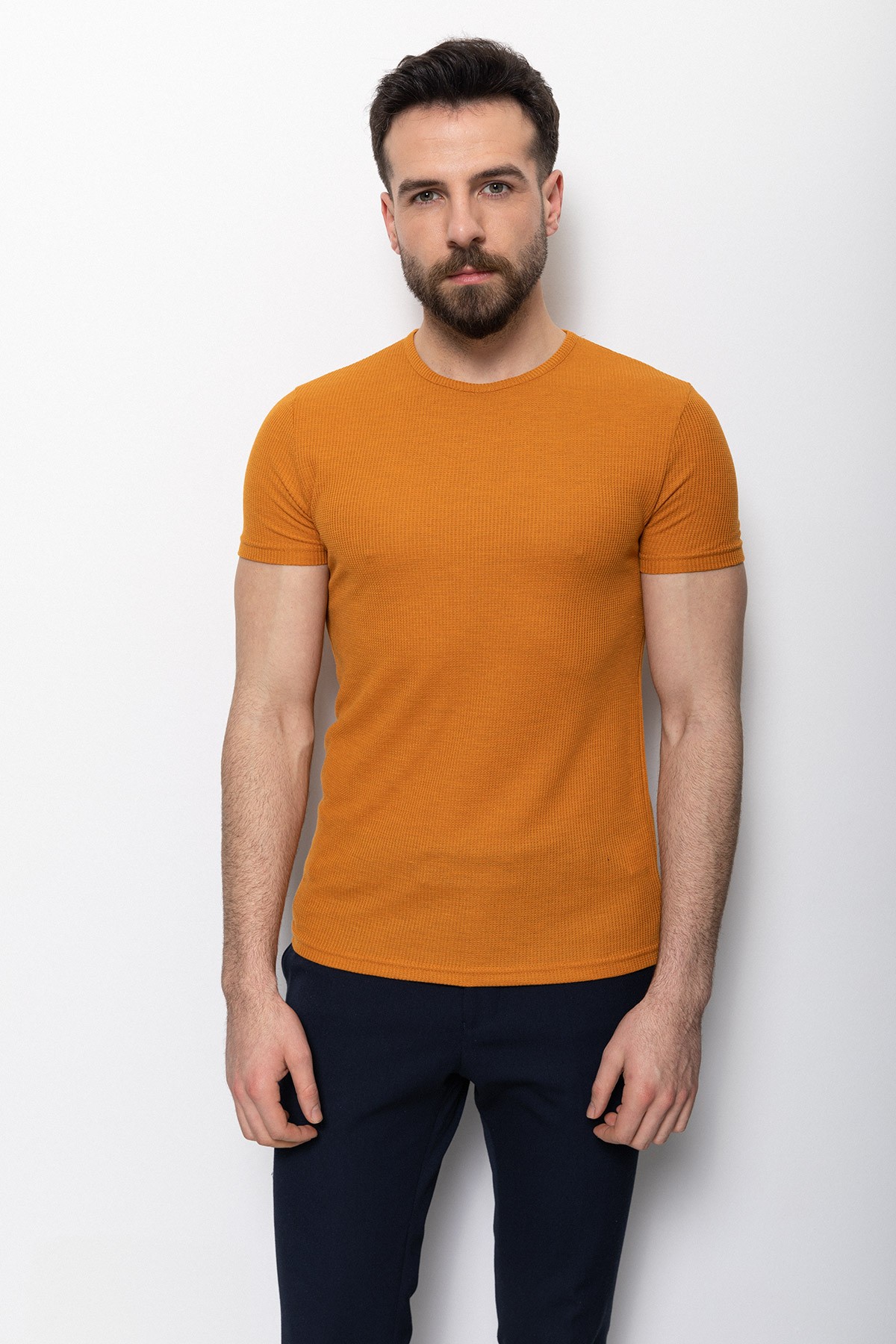 Desenli Slim Fit Bisiklet Yaka Basic Erkek T-Shirt - Kiremit