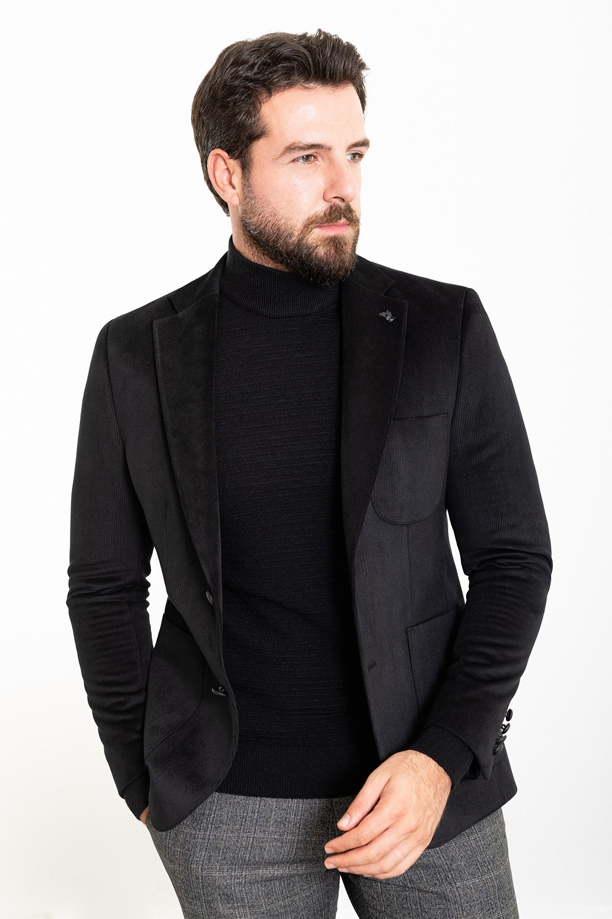 Çizgili Slim Fit Torba Cep Mono Yaka Kadife Erkek Ceket