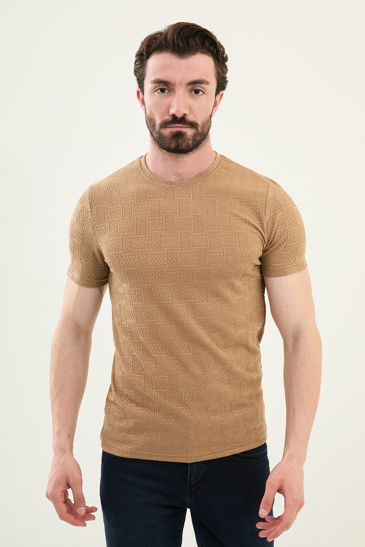 Desenli Slim Fit Bisiklet Yaka Erkek T-Shirt - Kamel