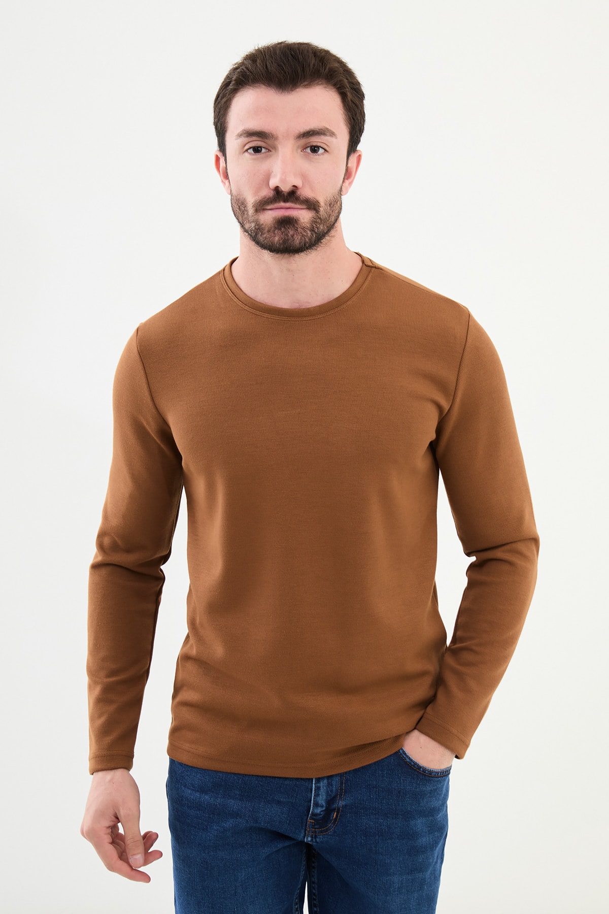 Desenli Slim Fit Bisiklet Yaka Uzun Kollu Erkek T-Shirt - Kamel
