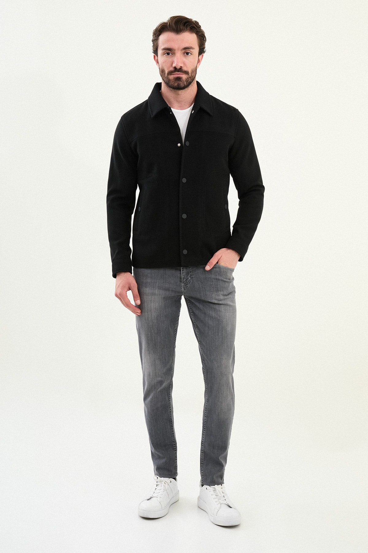 Düz Slim Fit Gömlek Yaka Çıtçıtlı Kaşe Erkek Mont