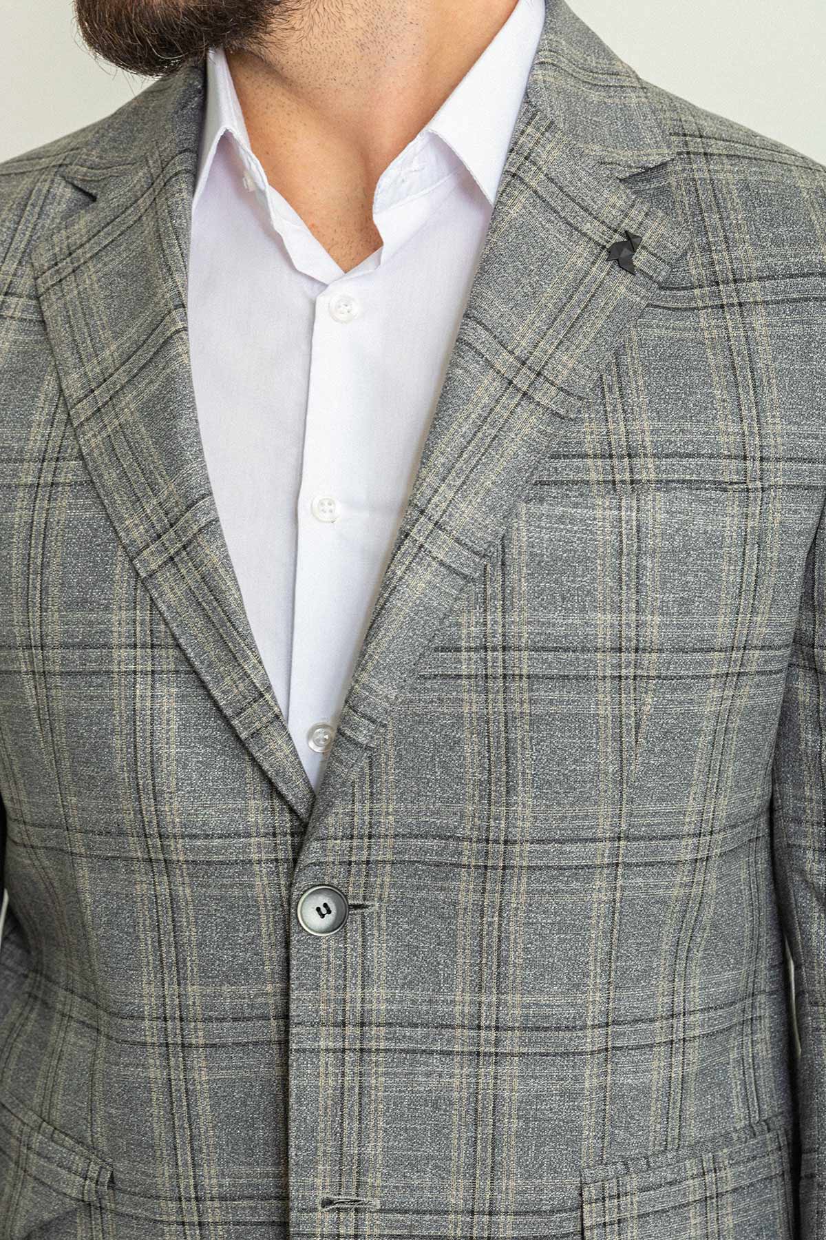 Ekoseli Slim Fit Mono Yaka Keten Erkek Ceket