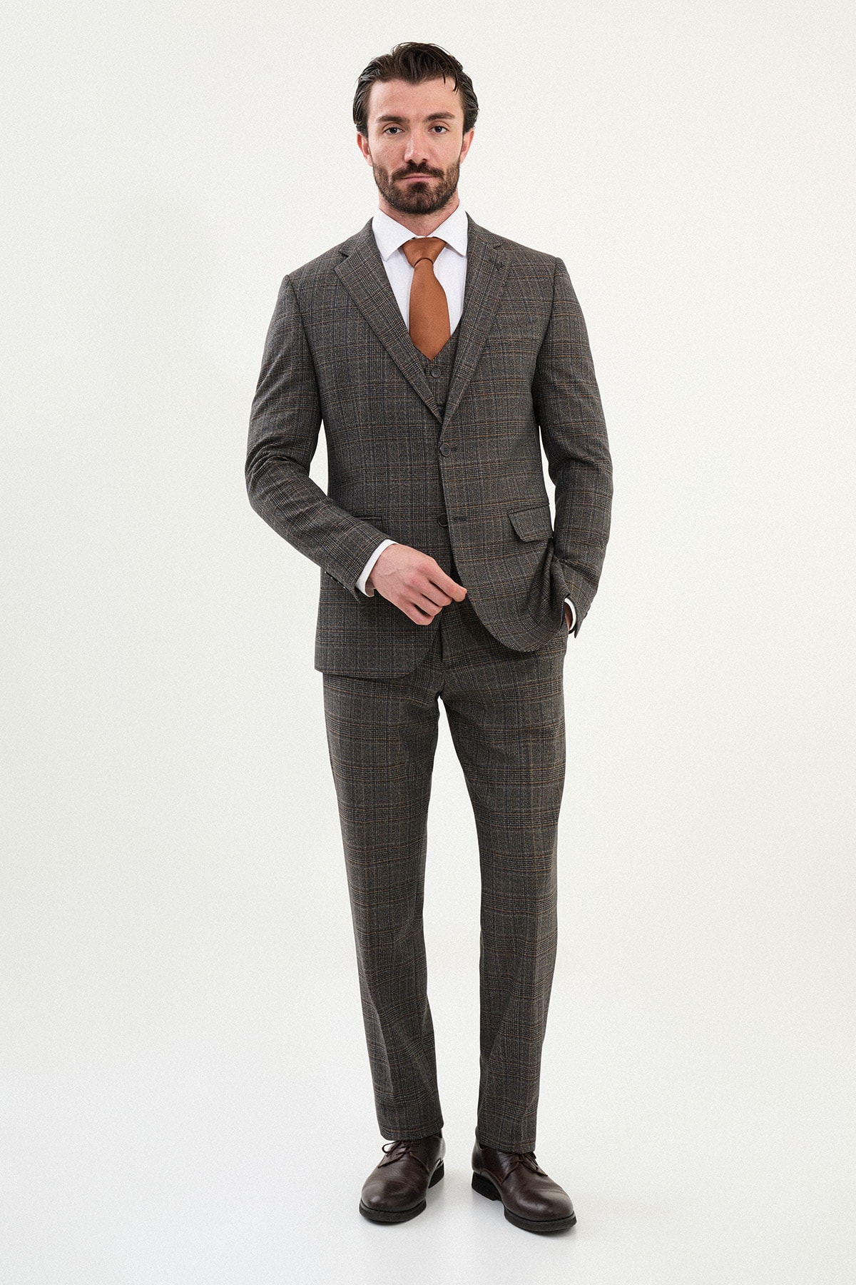 Ekoseli Slim Fit Mono Yaka Erkek Takım Elbise