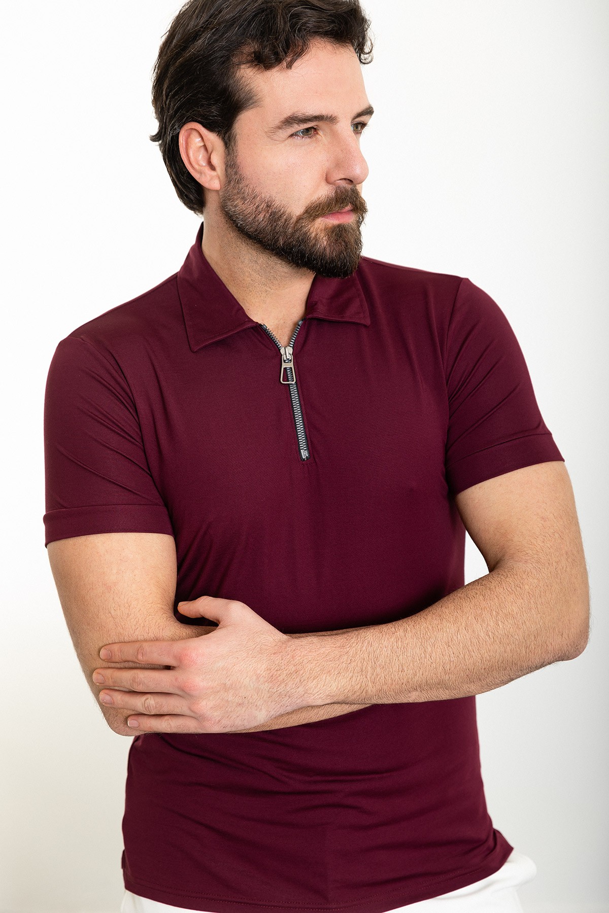 Düz Slim Fit Fermuarlı Polo Yaka Erkek T-Shirt