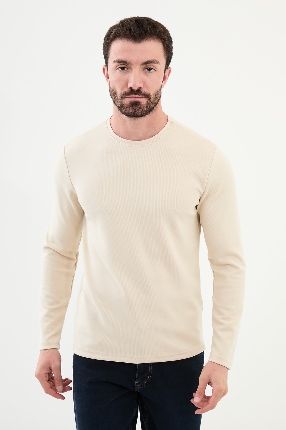 Desenli Slim Fit Bisiklet Yaka Uzun Kollu Erkek T-Shirt - Bej