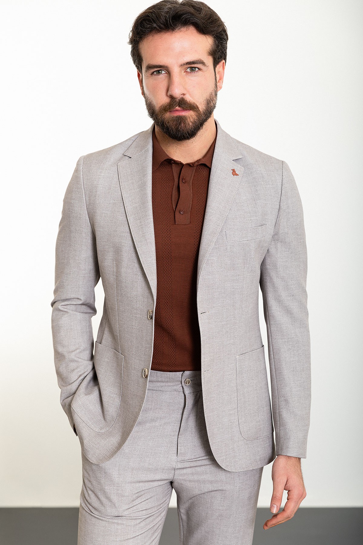 Desenli Slim Fit Torba Cep Mono Yaka Erkek Takım Elbise