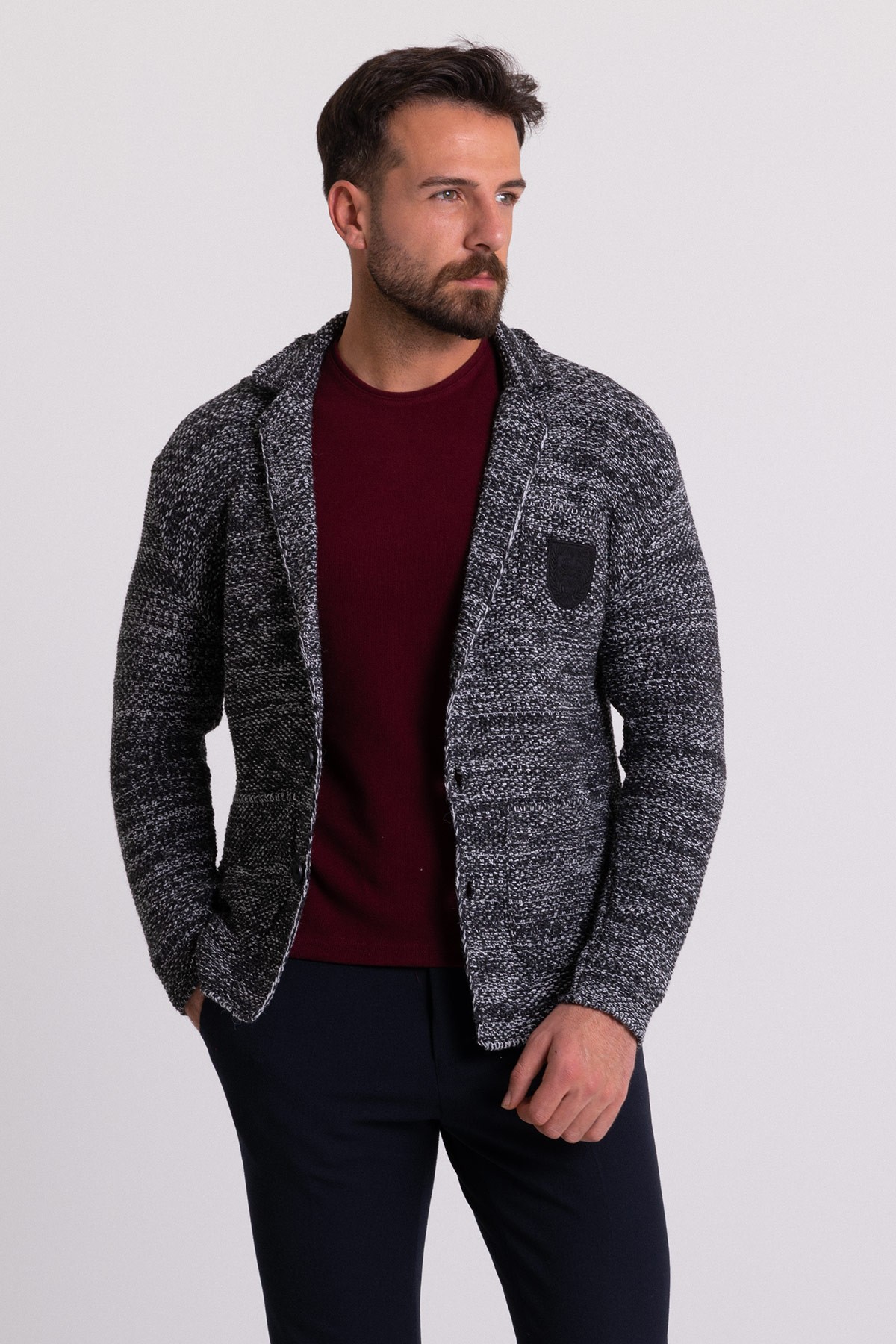 Kırçıllı Slim Fit Yün Erkek Triko Ceket - Antrasit
