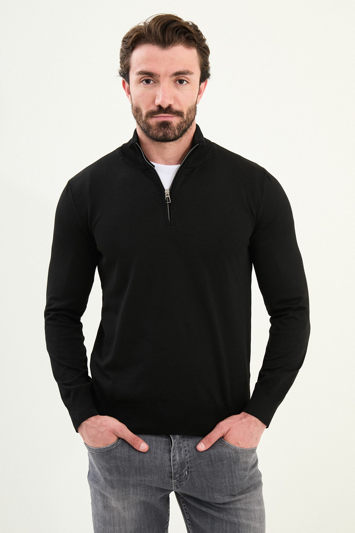 Düz Slim Fit Fermuarlı Yarım Balıkçı Erkek Triko Kazak - Siyah