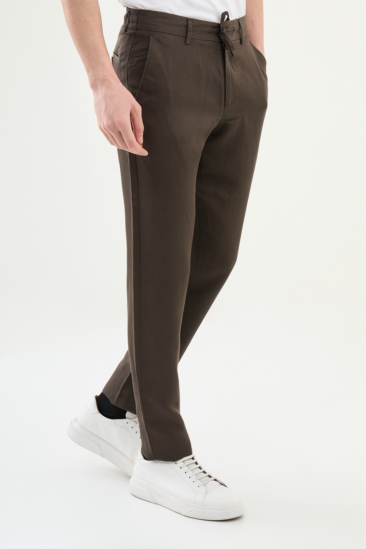 Düz Slim Fit Beli Lastikli İpli %100 Keten Erkek Pantolon