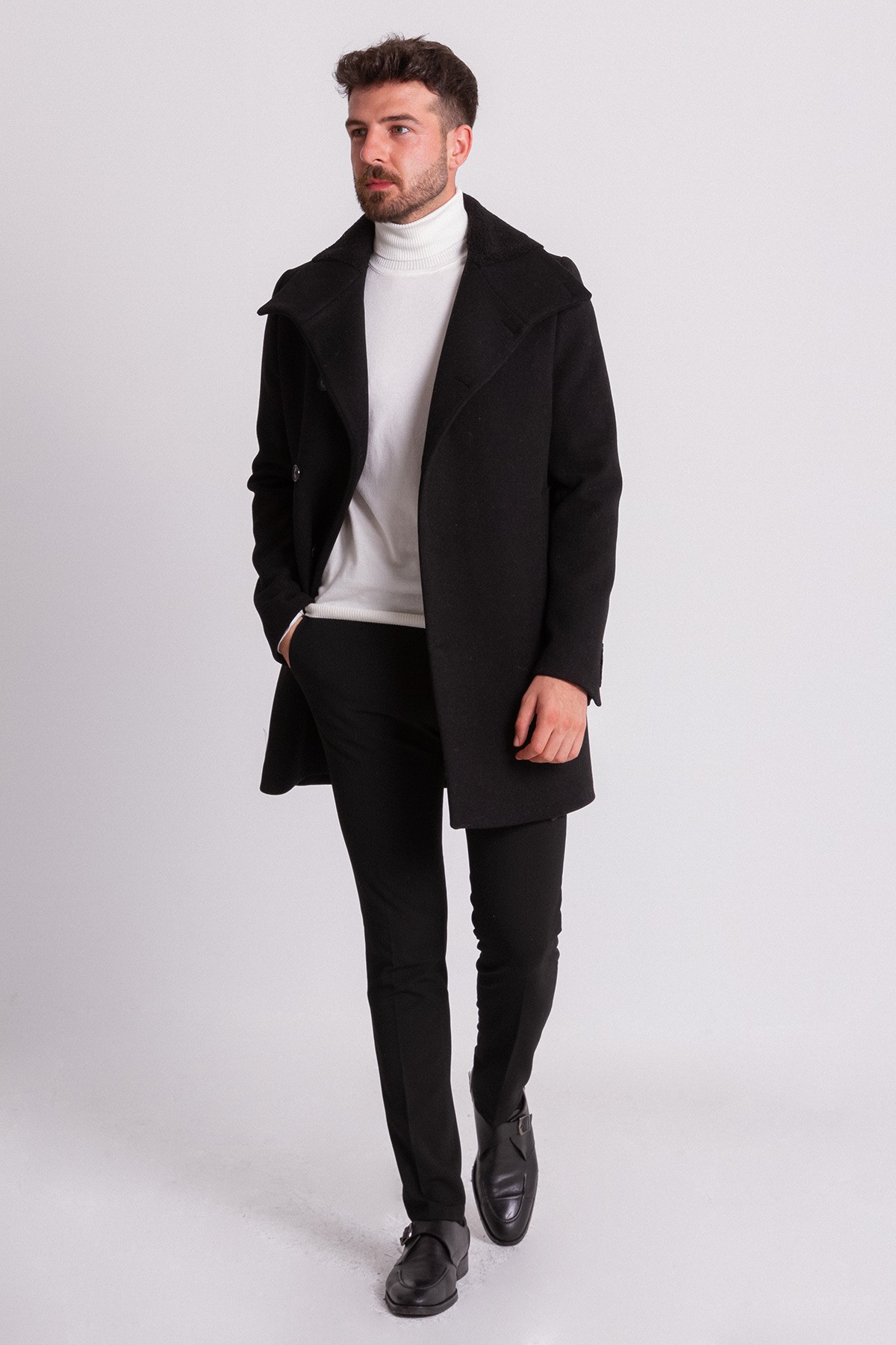 Düz Slim Fit Kürklü Şal Yaka Yün Erkek Kaban