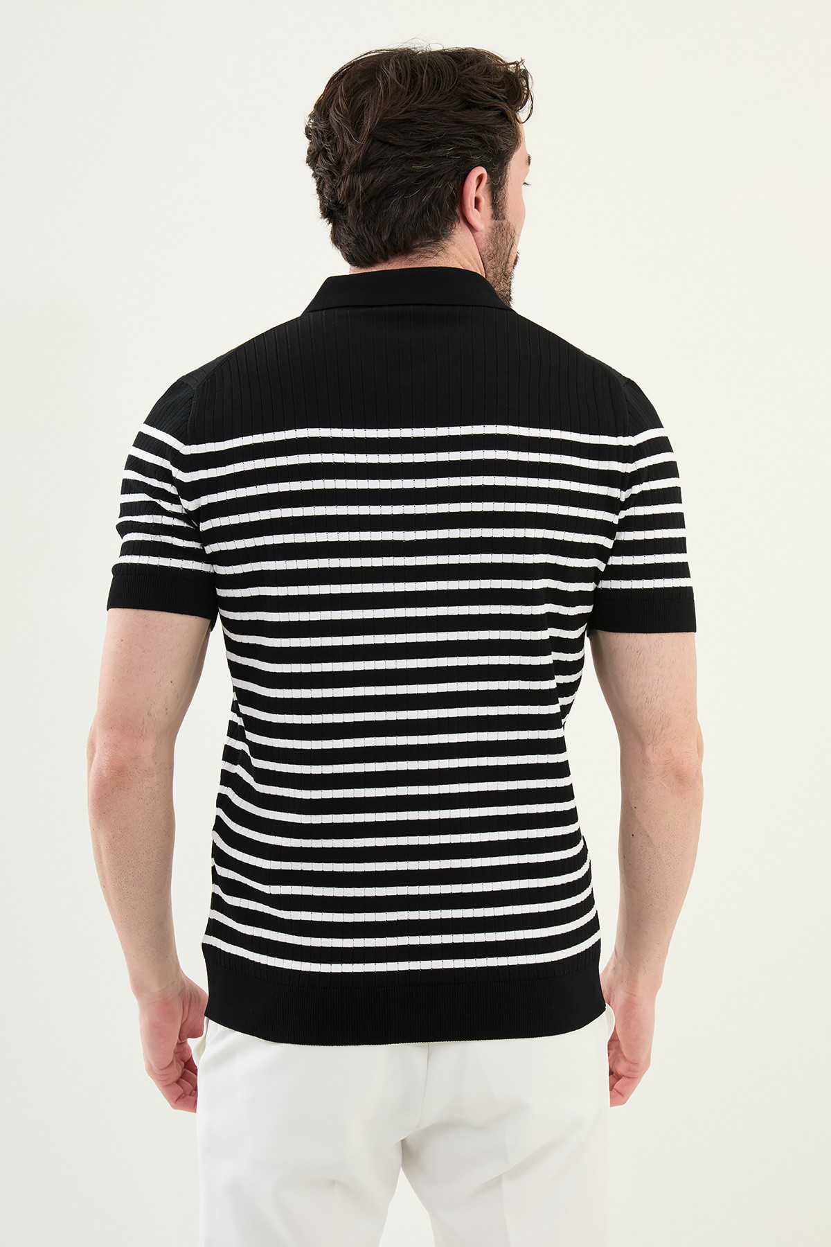 Çizgili Slim Fit Fermuarlı Polo Yaka Erkek Triko T-Shirt
