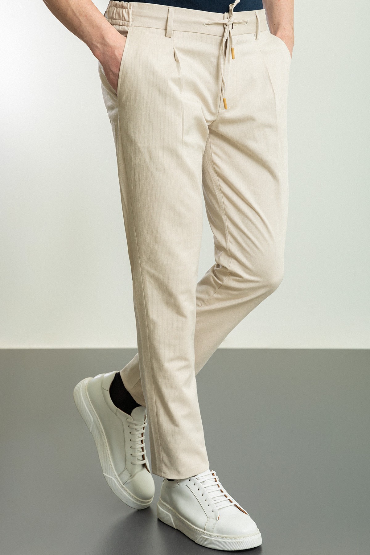 Çizgili Super Slim Fit Pilili İpli Keten Erkek Pantolon