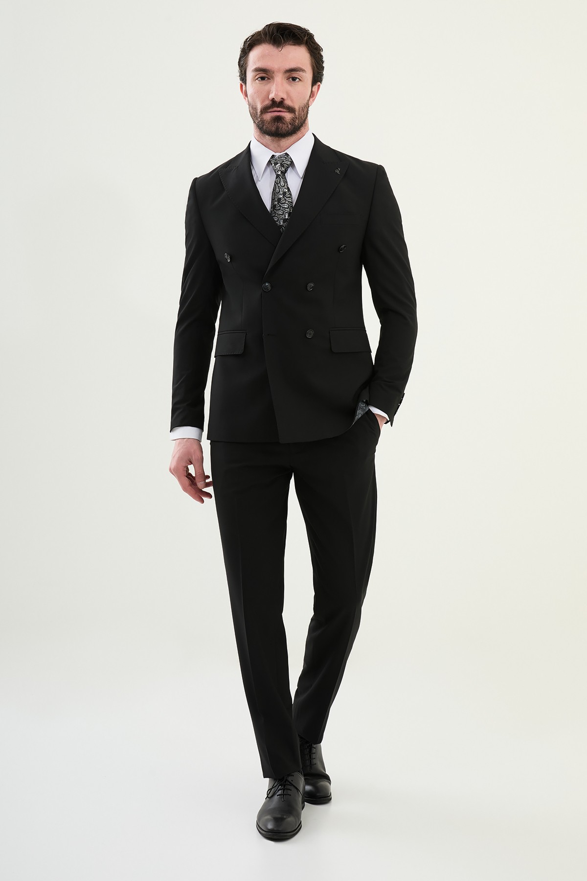 Düz Slim Fit Geniş Yaka Kruvaze Erkek Takım Elbise