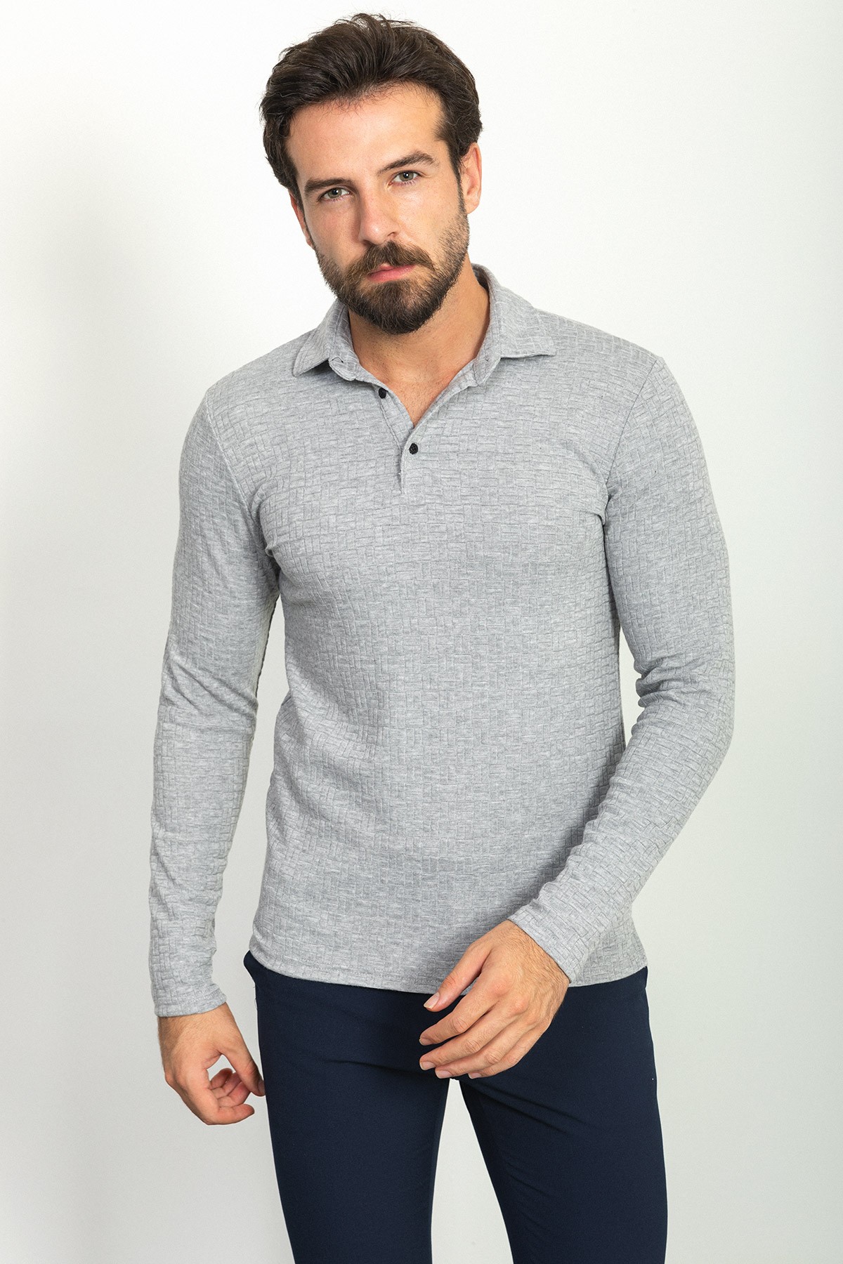 Desenli Slim Fit Polo Yaka Uzun Kollu Erkek T-Shirt