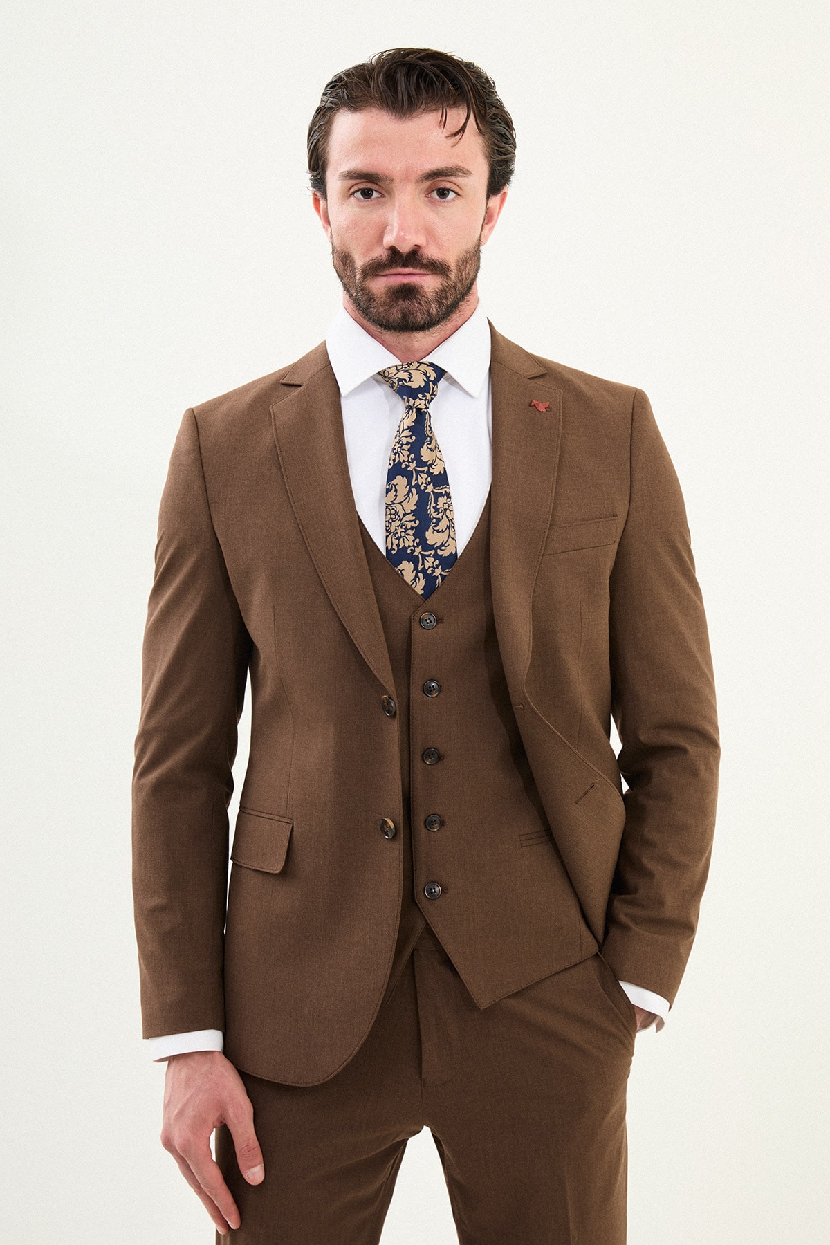 Düz Slim Fit Mono Yaka Klasik Erkek Takım Elbise - Fındık