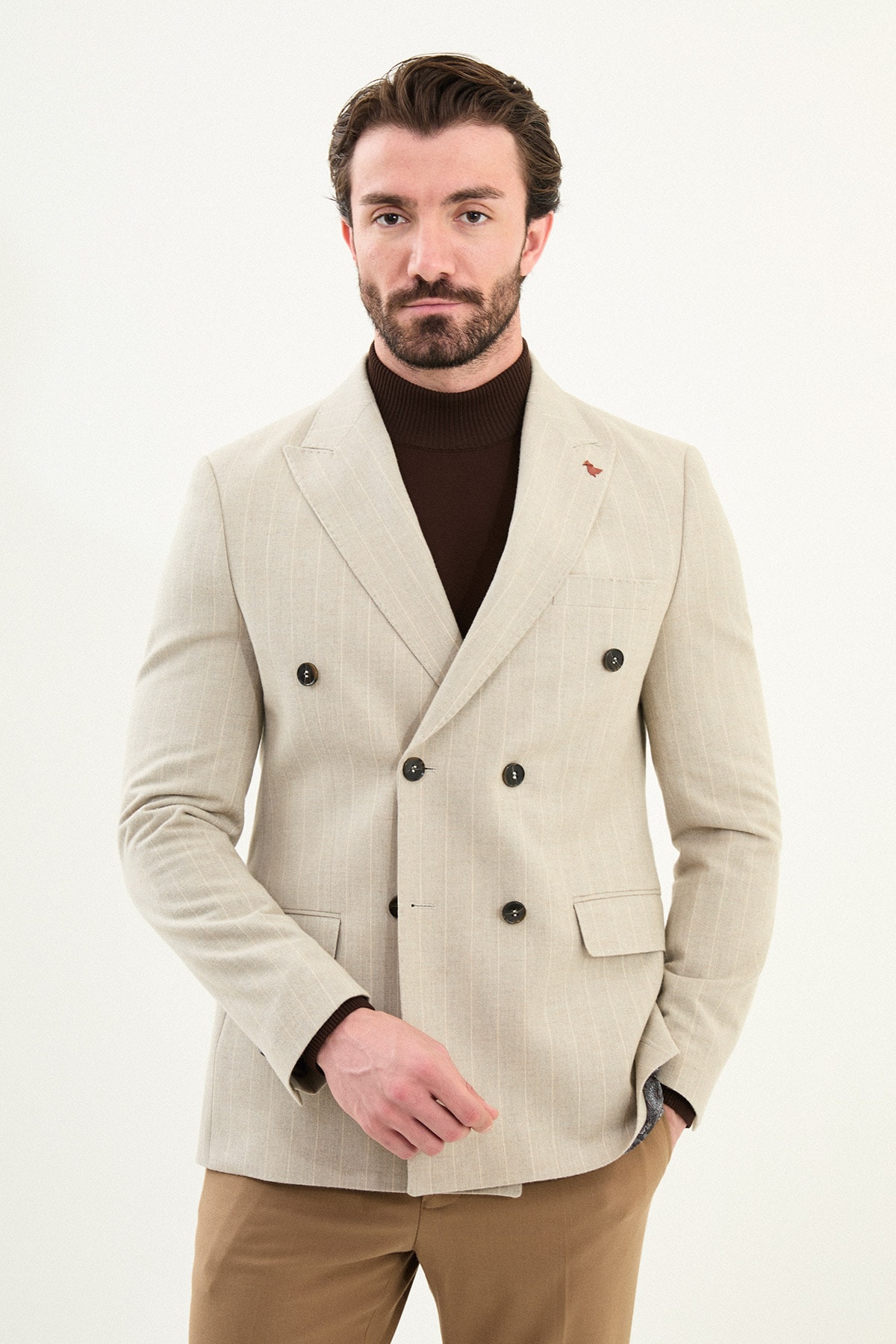 Çizgili Slim Fit Geniş Yaka Kruvaze Yün Erkek Ceket - Taş