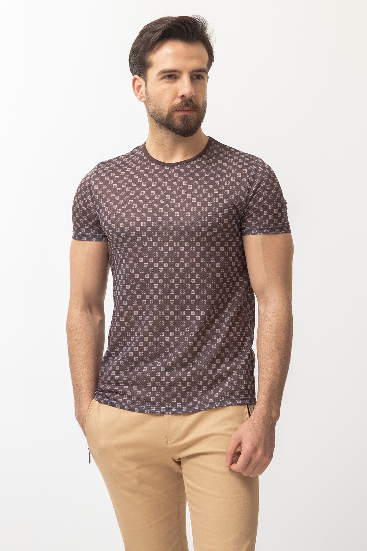 Desenli Slim Fit Bisiklet Yaka Erkek T-Shirt