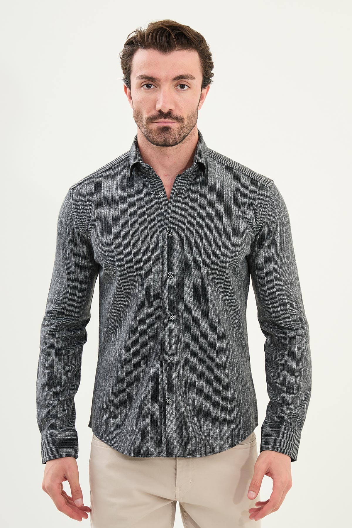 Çizgili Slim Fit Uzun Kollu Oduncu Yün Erkek Gömlek - Siyah