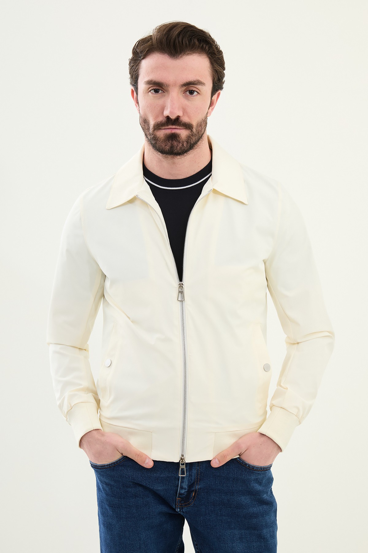 Düz Slim Fit Gömlek Yaka Çift Fermuar Erkek Mont - Ekru