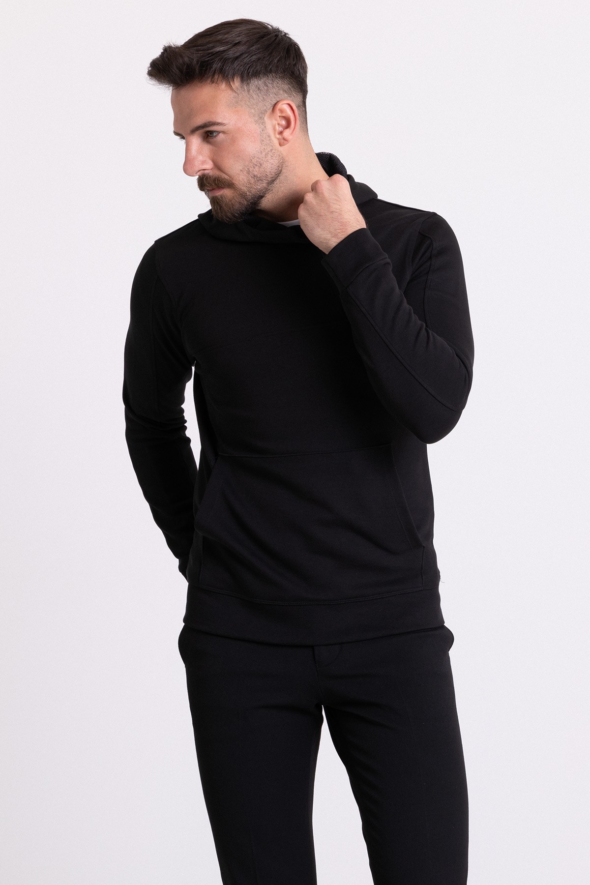 Fermuar Detaylı Slim Fit Kapüşonlu Erkek Sweatshirt