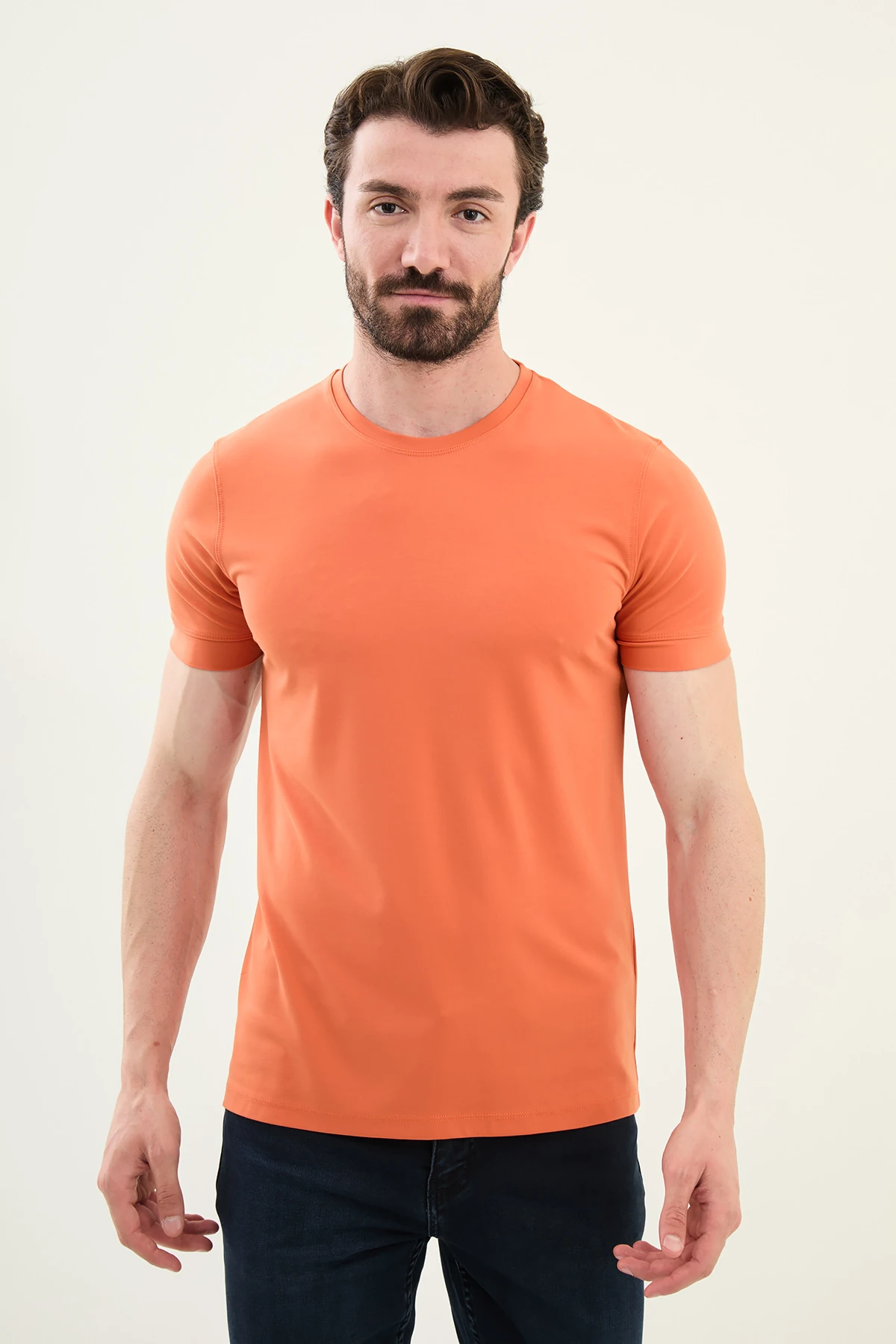 Düz Slim Fit Bisiklet Yaka Basic Erkek T-Shirt - Oranj