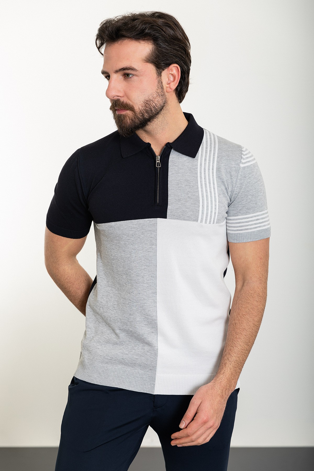 Parçalı Slim Fit Polo Yaka Erkek Triko T-Shirt