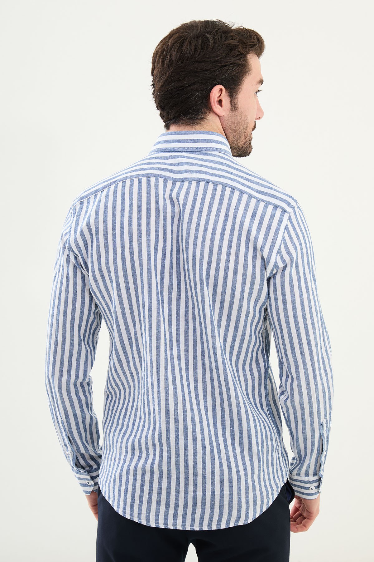 Çizgili Slim Fit Uzun Kollu Keten Erkek Gömlek