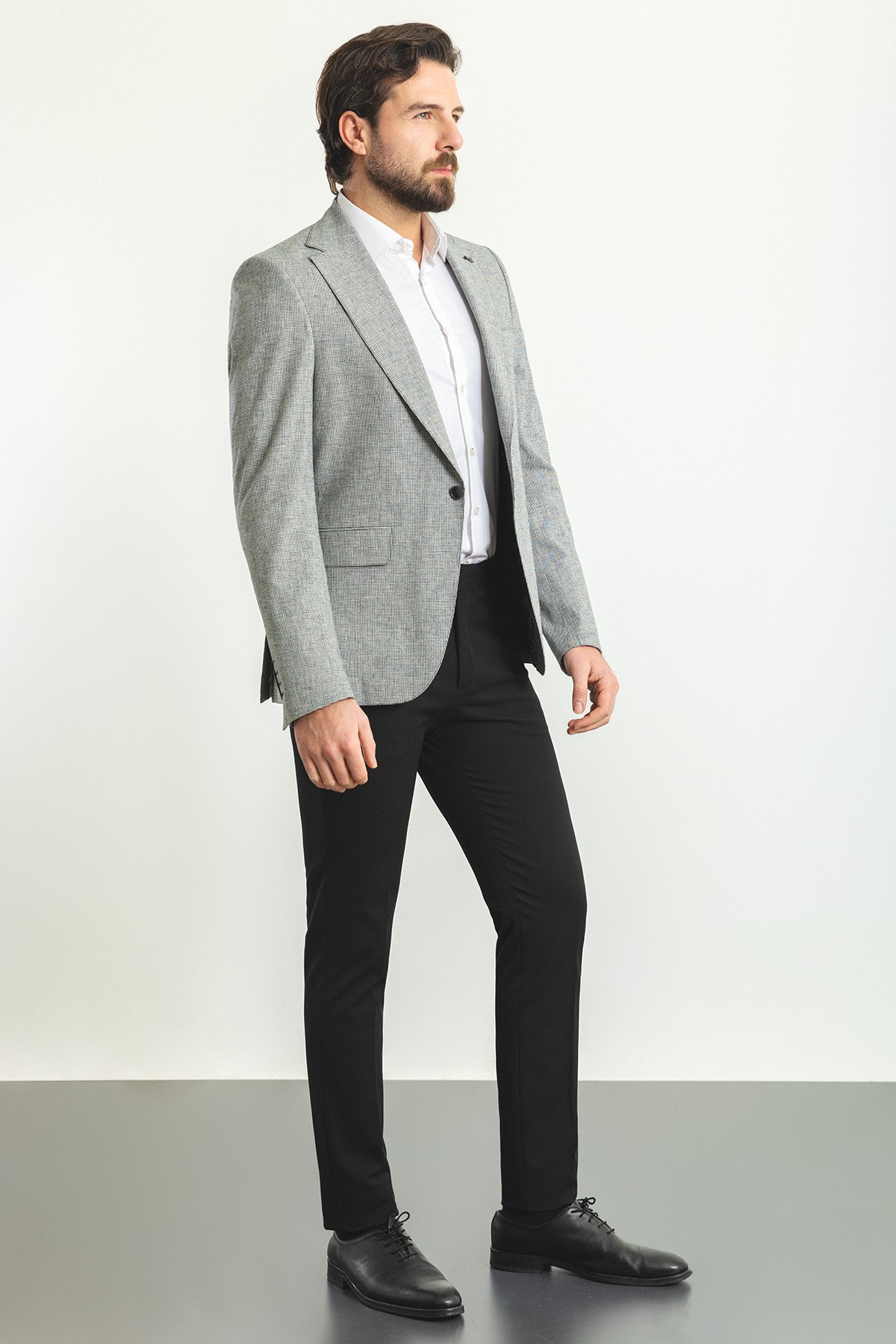 Kareli Slim Fit Mono Yaka Keten Erkek Ceket