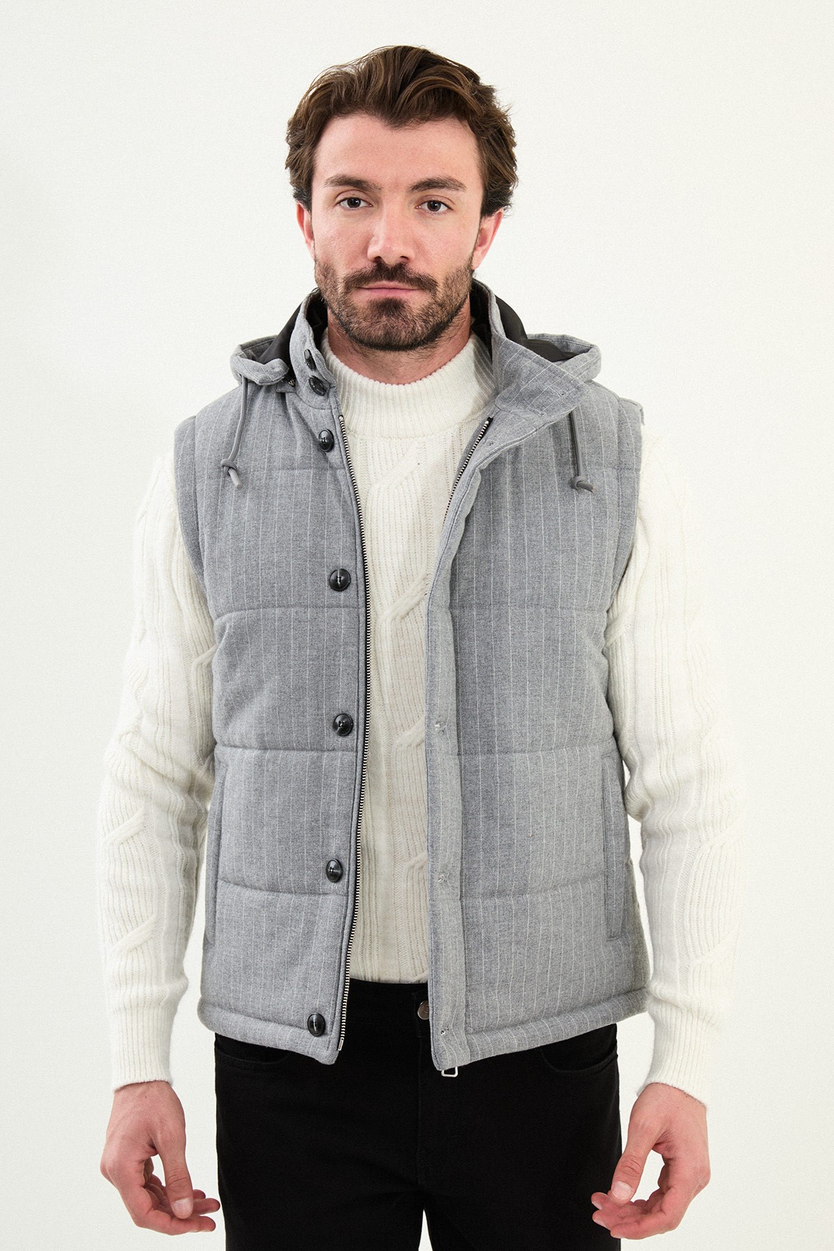 Çizgili Slim Fit Kapşonlu Şişme Erkek Yelek - Gri