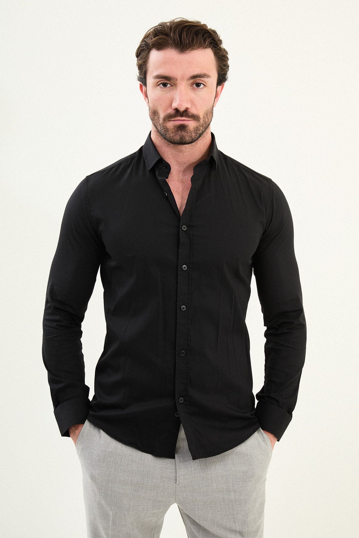 Desenli Slim Fit Uzun Kollu Erkek Gömlek - Siyah