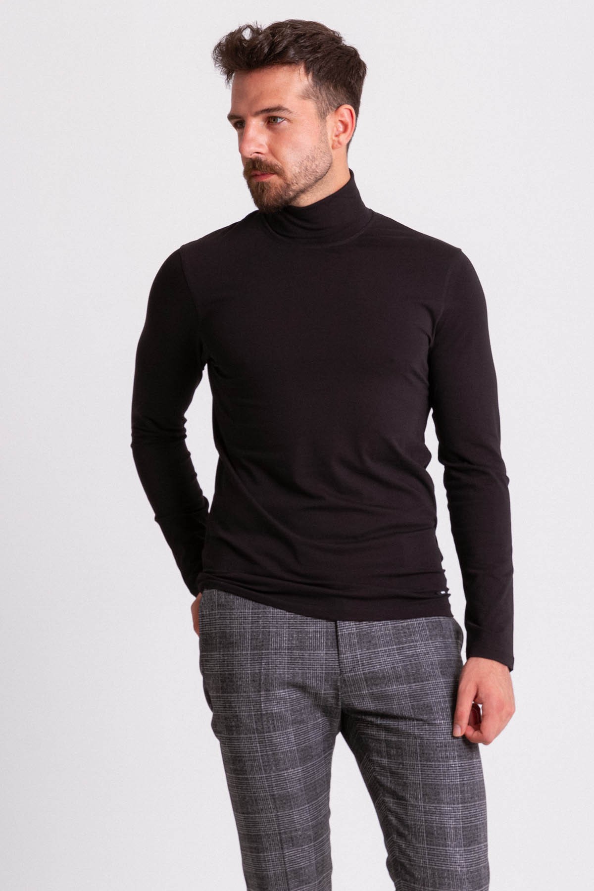 Düz Slim Fit Uzun Kollu Tam Balıkçı Yaka Erkek Penye