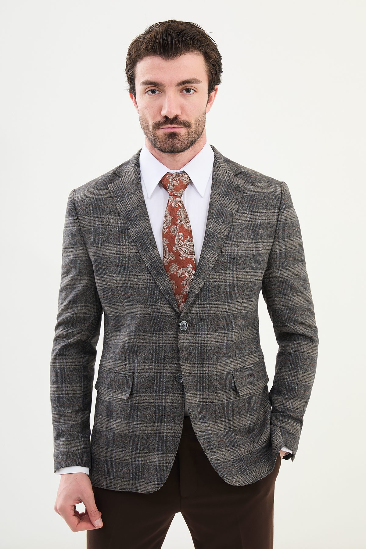 Ekoseli Slim Fit Mono Yaka Yün Erkek Ceket - Siyah-Bej