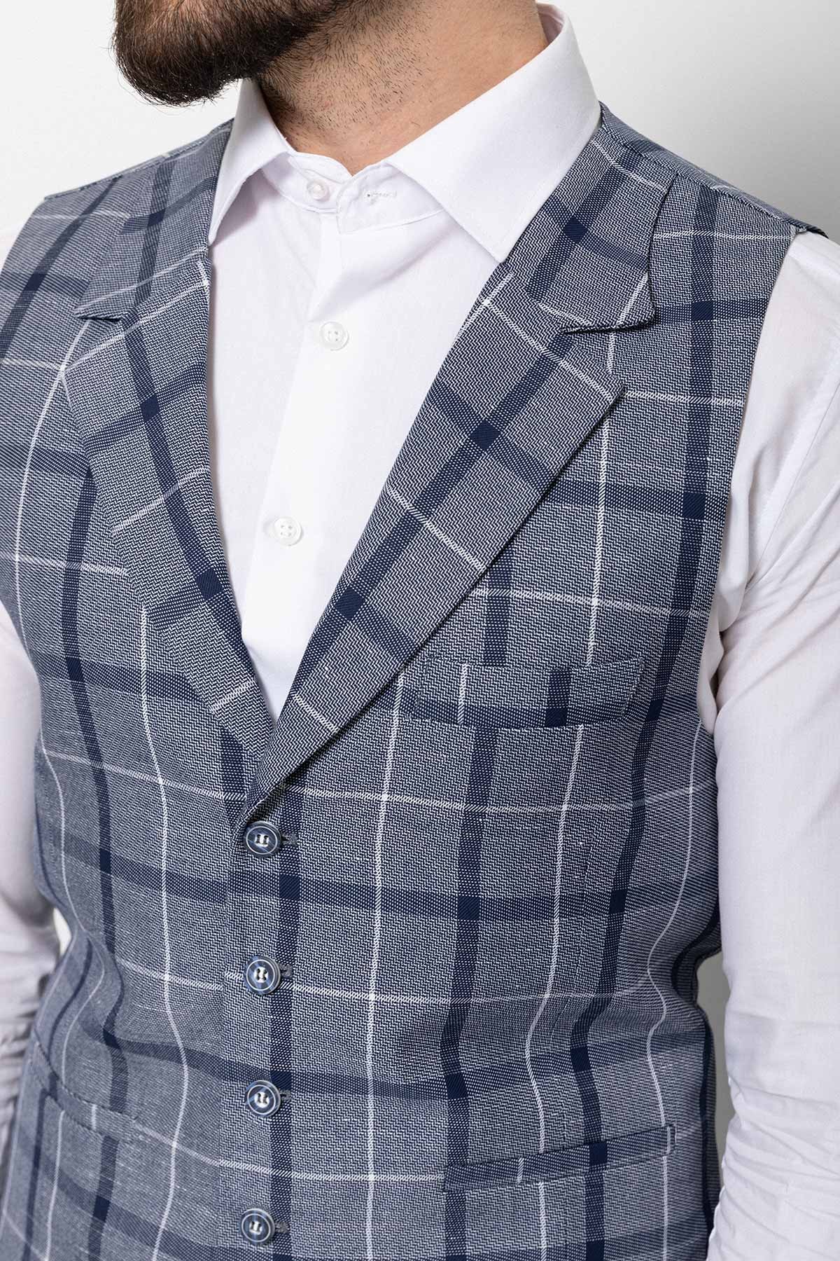 Ekose Desenli Ceket Yaka Yelek