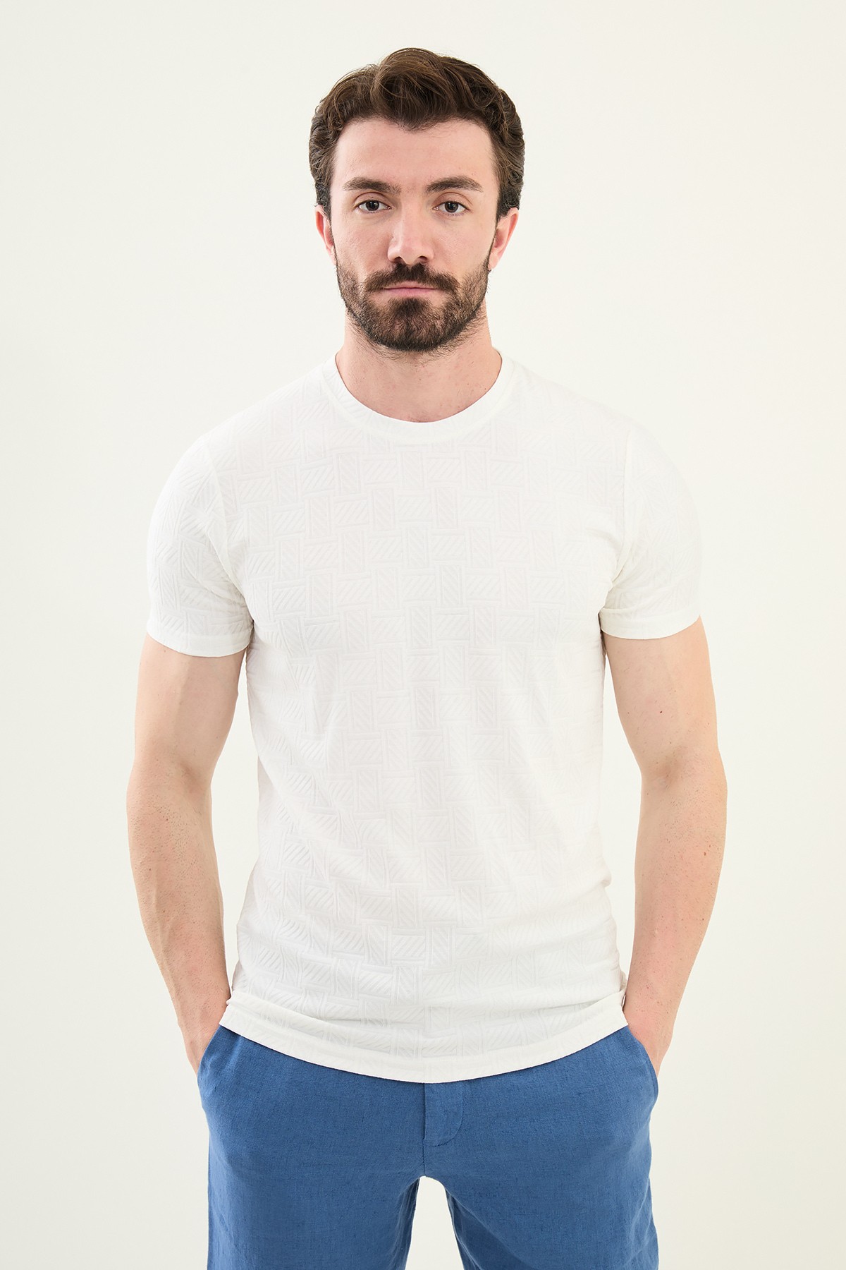 Desenli Slim Fit Bisiklet Yaka Erkek T-Shirt - Ekru