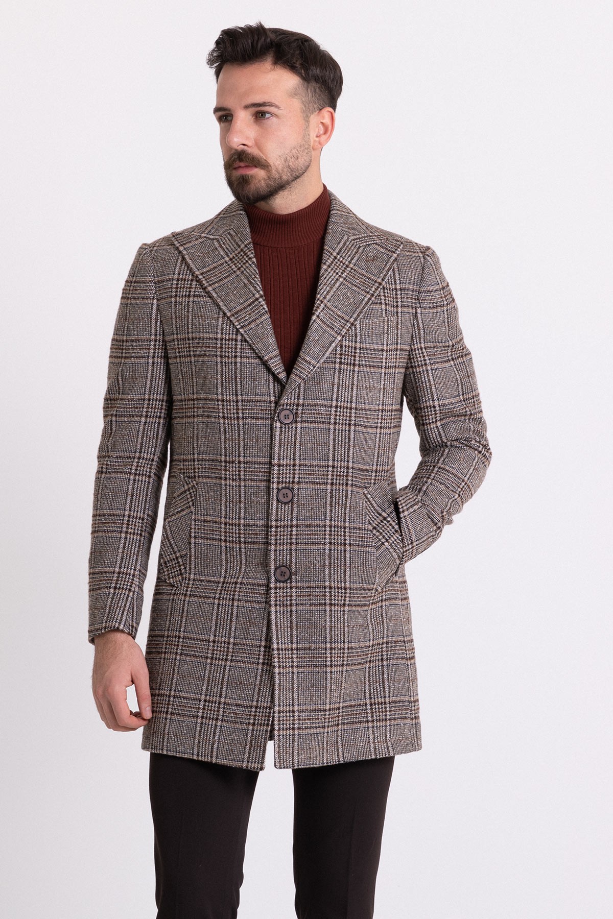 Ekoseli Slim Fit Kırlangıç Yaka Yün Erkek Kaban