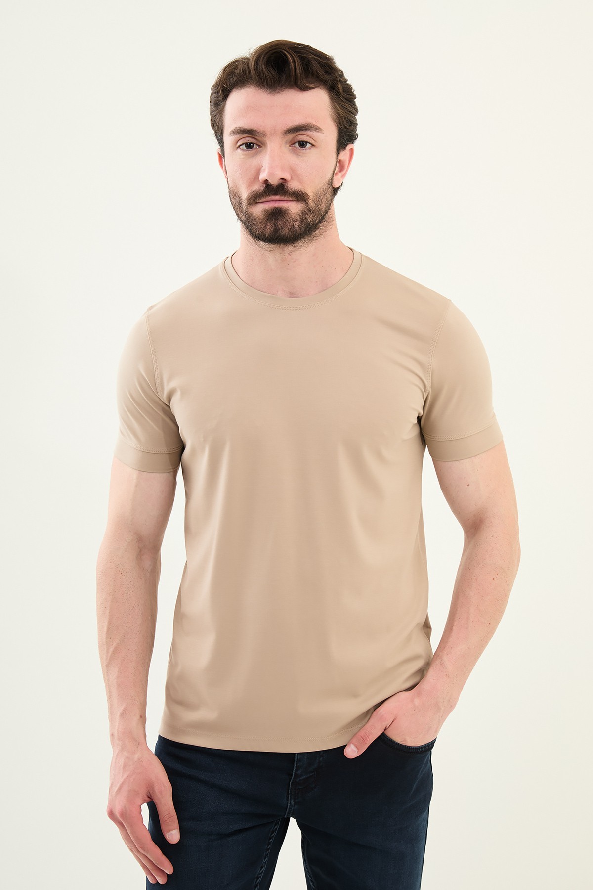 Düz Slim Fit Bisiklet Yaka Basic Erkek T-Shirt - Bej