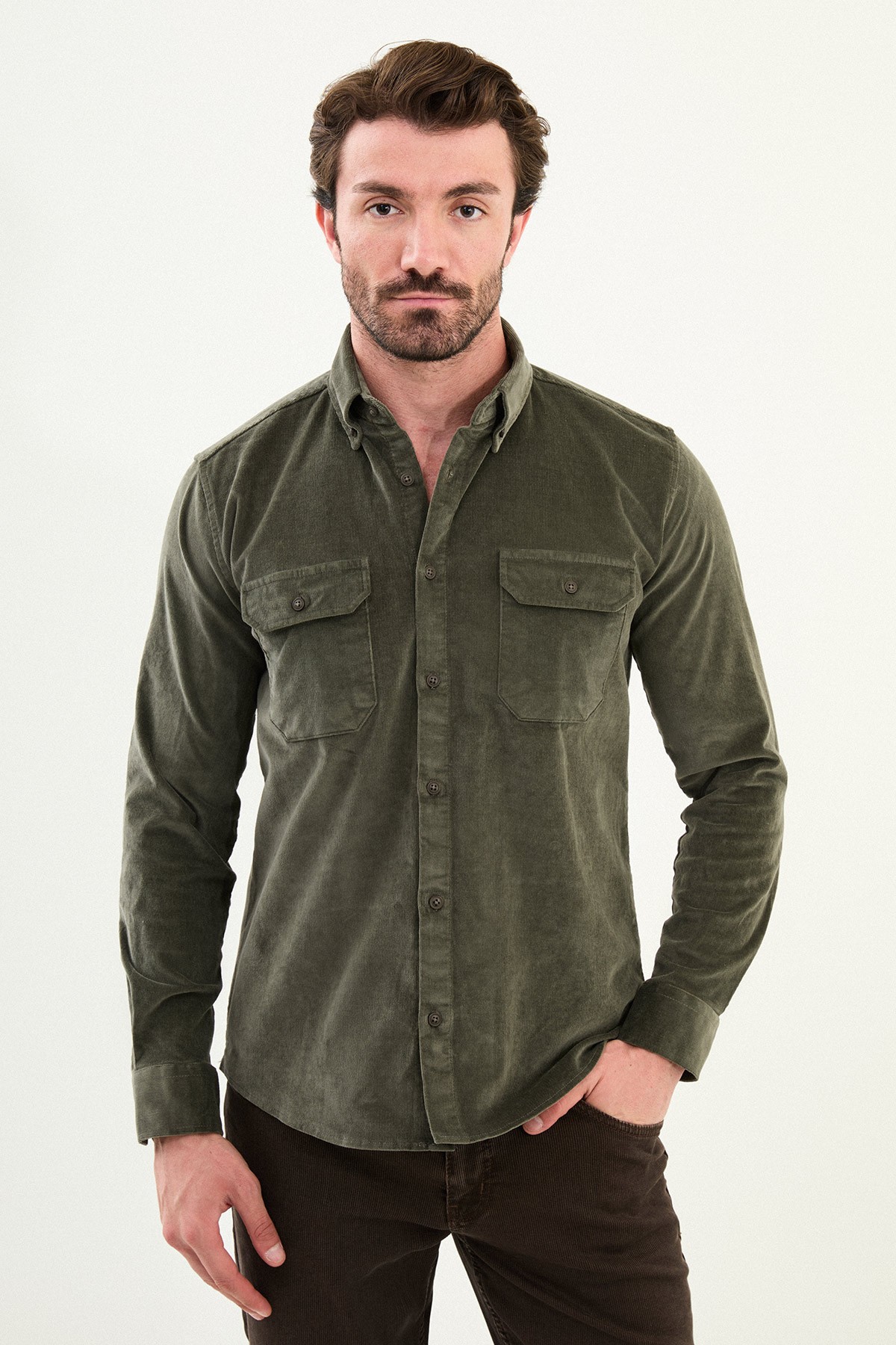 Düz Slim Fit Uzun Kollu Kadife Erkek Gömlek - Haki