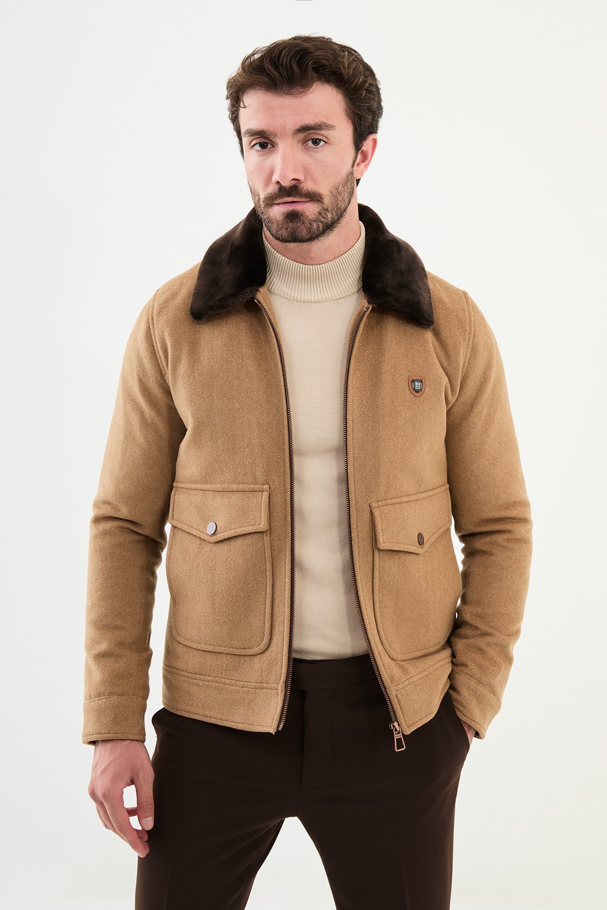 Desenli Slim Fit Torba Cep Kürklü Yaka Yün Erkek Mont - Kamel