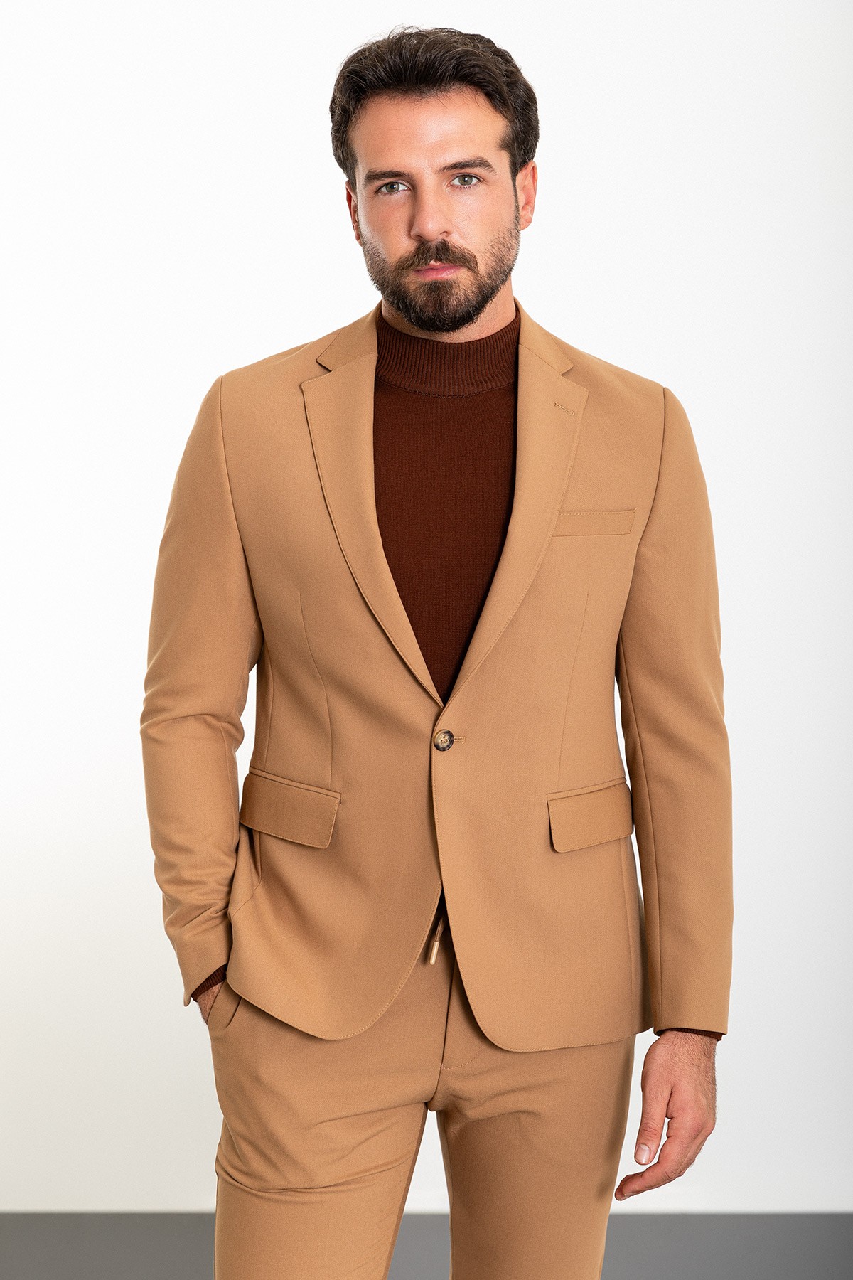Düz Slim Fit Mono Yaka İpli Erkek Takım Elbise - Kamel