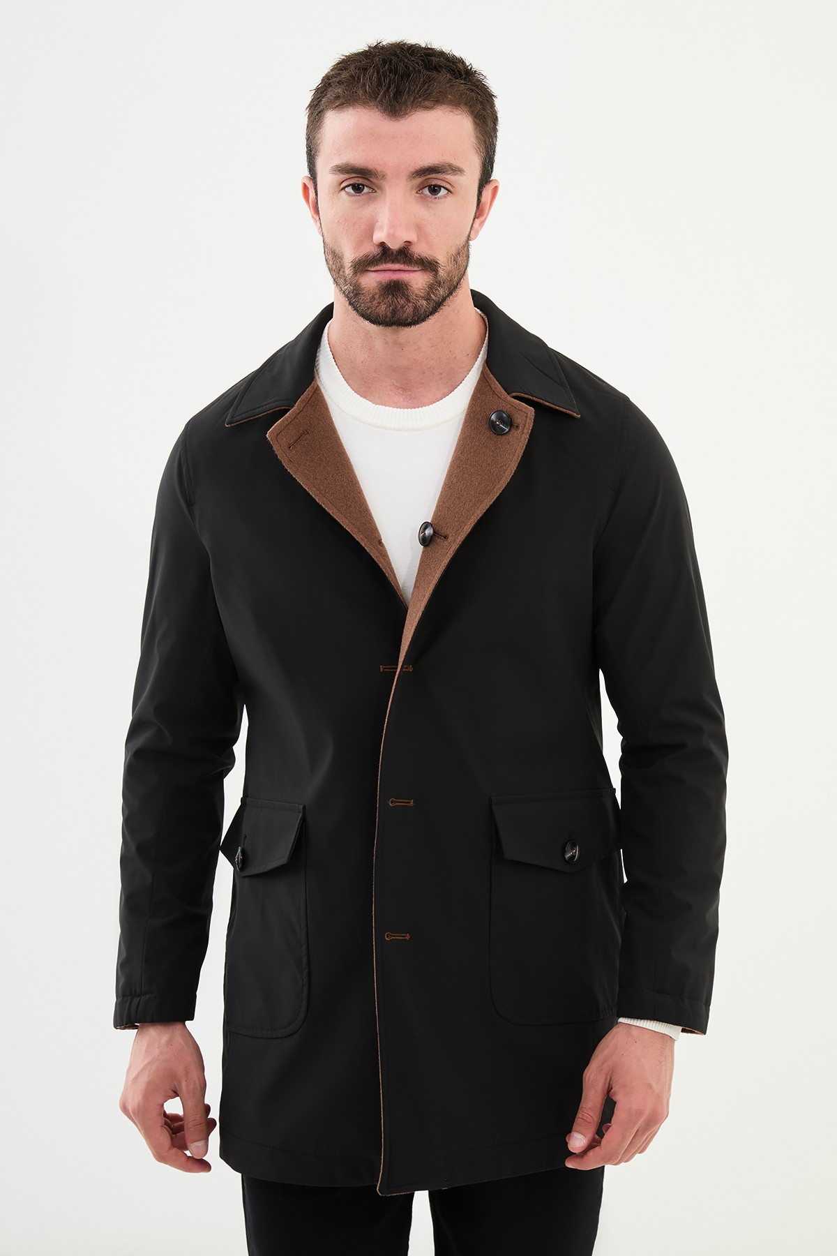 Düz Slim Fit Gömlek Yaka Çift Taraflı Erkek Trench Coat